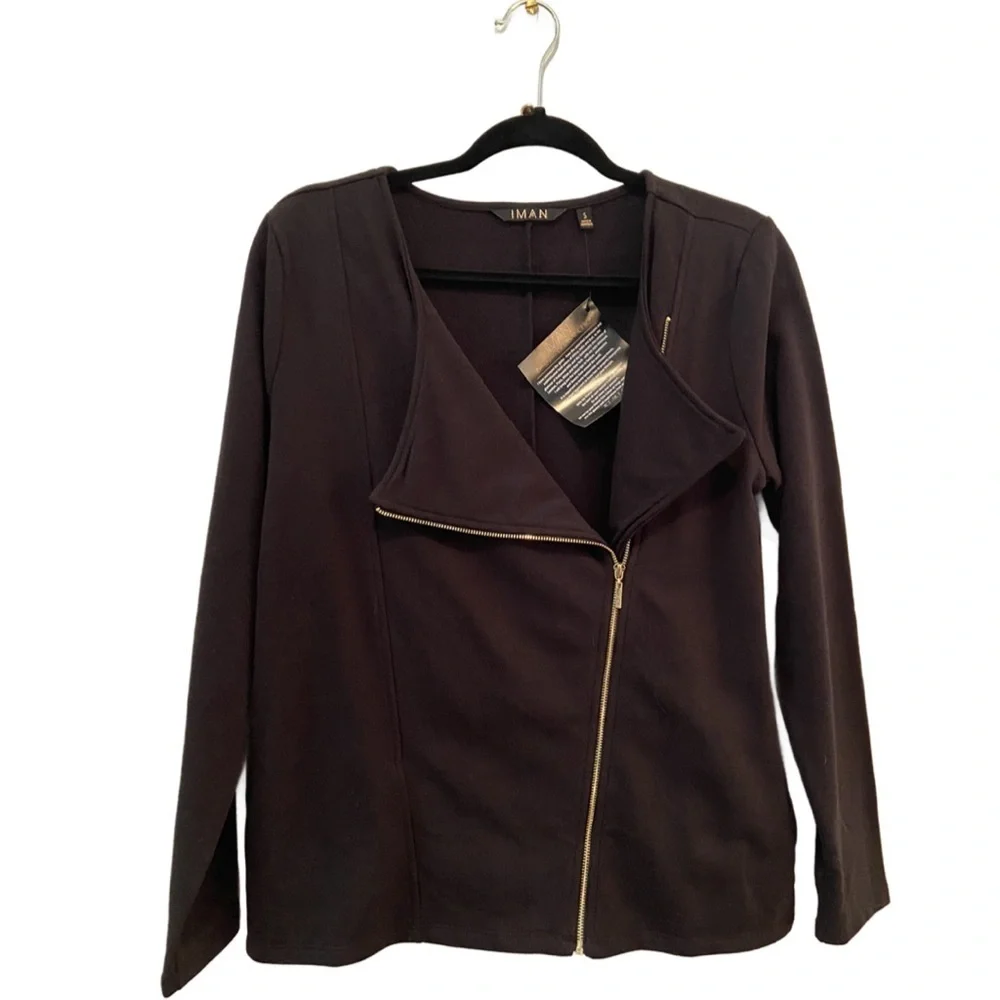 Iman Global Chic Soft French Terry Long Sleeve Moto Jacket Black Size Sm…